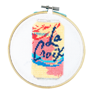 La Croix DIY Cross Stitch Kit, Fizzy Soda Sparkling Water, Craft Kit, Stitching, TheCloudFactory craft store, The Cloud Factory, Cloth Aida, Embroidery Floss, Embroidery Hoop, Embroidery Needle, Pattern, Beginner's guide, felt square