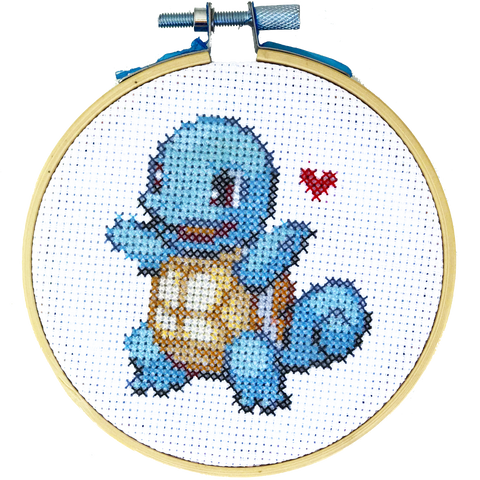 Squirtle Pokemon DIY Cross Stitch Kit, Gotta Stitch Them All, Craft Kit, Stitching, TheCloudFactory craft store, The Cloud Factory, Cloth Aida, Embroidery Floss, Embroidery Hoop, Embroidery Needle, Pattern, Beginner's guide, felt square