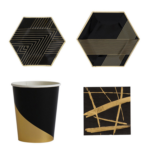 Pack de fournitures de fête dorées et noires