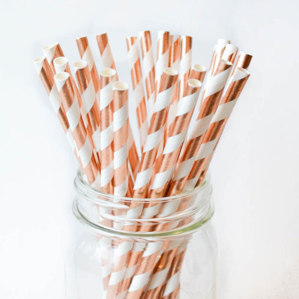 Rose Gold Striped Paper Straws - 25 Pieces