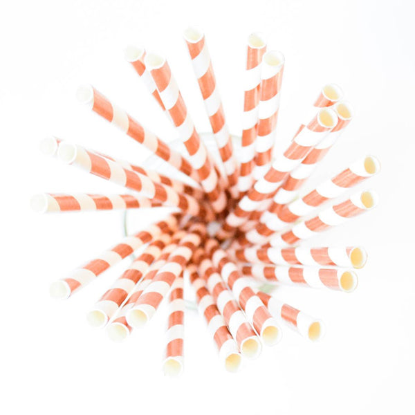 Rose Gold Striped Paper Straws - 25 Pieces