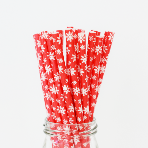 Red and White Snowflake Paper Straws - 25 Pieces
