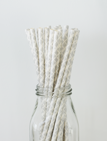 Gray Quatrefoil Paper Straws - 25 Pieces