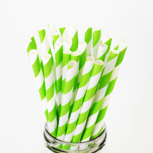 Striped Lime Green Paper Straws - 25 Pieces