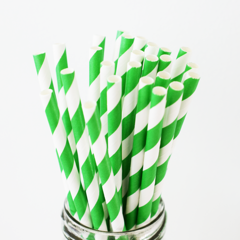 Striped Forest Green Paper Straws - 25 Pieces