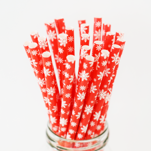Red and White Snowflake Paper Straws - 25 Pieces