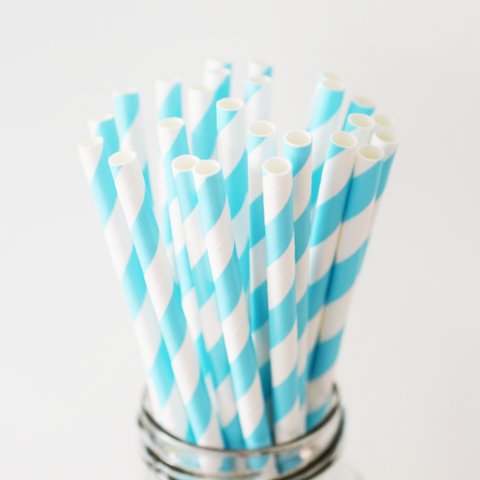 Striped Sky Blue Paper Straws - 25 Pieces
