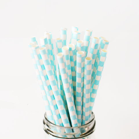 Sky Blue Checkered Paper Straws - 25 Pieces