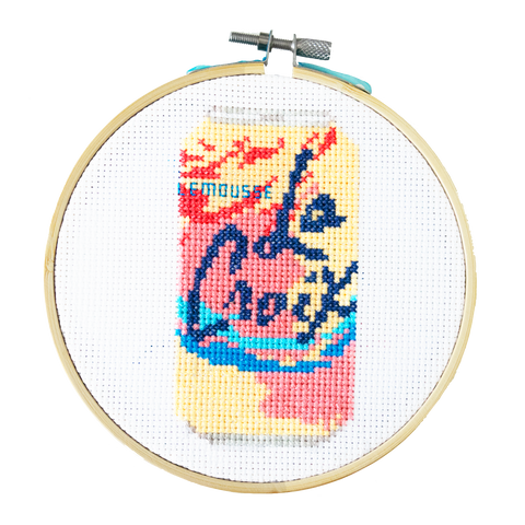 La Croix DIY Cross Stitch Kit, Fizzy Soda Sparkling Water, Craft Kit, Stitching, TheCloudFactory craft store, The Cloud Factory, Cloth Aida, Embroidery Floss, Embroidery Hoop, Embroidery Needle, Pattern, Beginner's guide, felt square