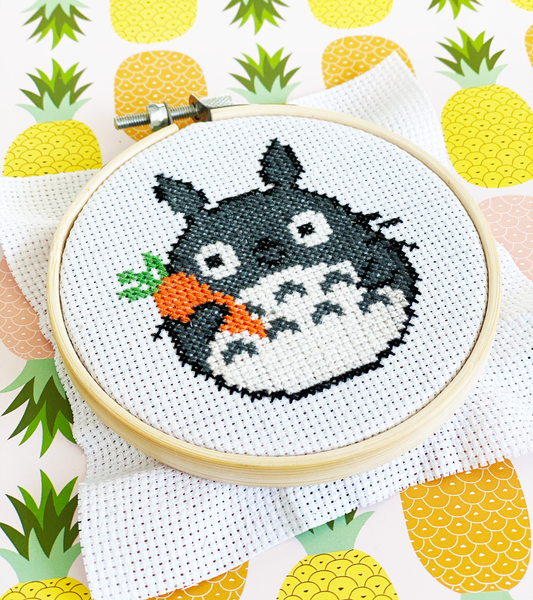 Totoro cross stitch diy craft kit holding carrot