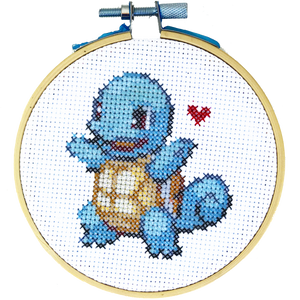Squirtle Pokemon DIY Cross Stitch Kit, Gotta Stitch Them All, Craft Kit, Stitching, TheCloudFactory craft store, The Cloud Factory, Cloth Aida, Embroidery Floss, Embroidery Hoop, Embroidery Needle, Pattern, Beginner's guide, felt square