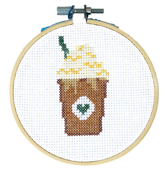 Starbucks Frappucino DIY Cross Stitch Kit, Stitching, Coffee, Basic White Girl Frozen Blended Drink, Craft Kit, Stitching, TheCloudFactory craft store, The Cloud Factory, Cloth Aida, Embroidery Floss, Embroidery Hoop, Embroidery Needle, Pattern, Beginner's guide, felt square
