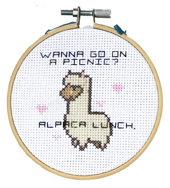 The Cloud Factory Alpaca Lunch wanna go on a picnic? diy cross stitch kit, aida cloth, embroidery floss, embroidery hoop, embroidery needle, felt cloth, string, diy craft kit