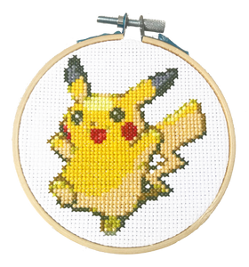 Pikachu Pokemon DIY Cross Stitch Kit, Gotta Stitch Them All, Craft Kit, Stitching, TheCloudFactory craft store, The Cloud Factory, Cloth Aida, Embroidery Floss, Embroidery Hoop, Embroidery Needle, Pattern, Beginner's guide, felt square
