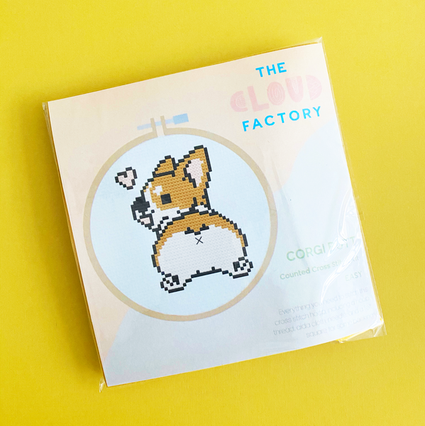 Corgi Butt Cross Stitch Kit, DIY Craft Kit, Embroidery Kit, Needlepoint Kit, Aida Cloth, Embroidery Floss (String), Embroidery Needle, Hoop, Felt Square, Pattern, TheCloudFactory