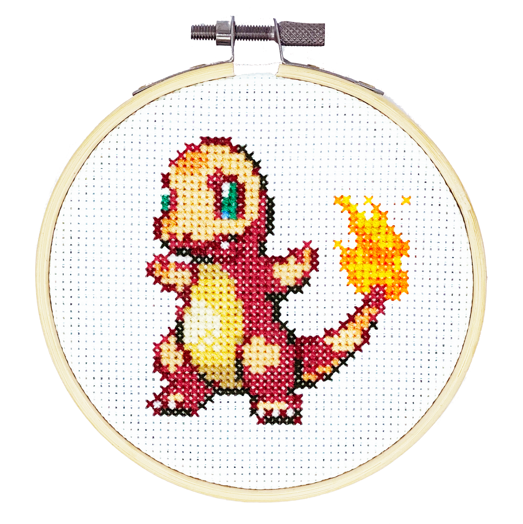 Charmander Pokemon DIY Cross Stitch Kit, Craft Kit, Gotta Stitch Them All, TheCloudFactory craft store, The Cloud Factory, Cloth Aida, Embroidery Floss, Embroidery Hoop, Embroidery Needle, Pattern, Beginner's guide, felt square