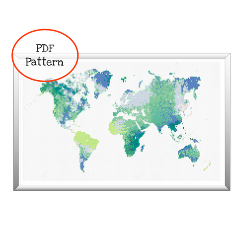 Carte aquarelle du monde au point de croix - Modèle PDF