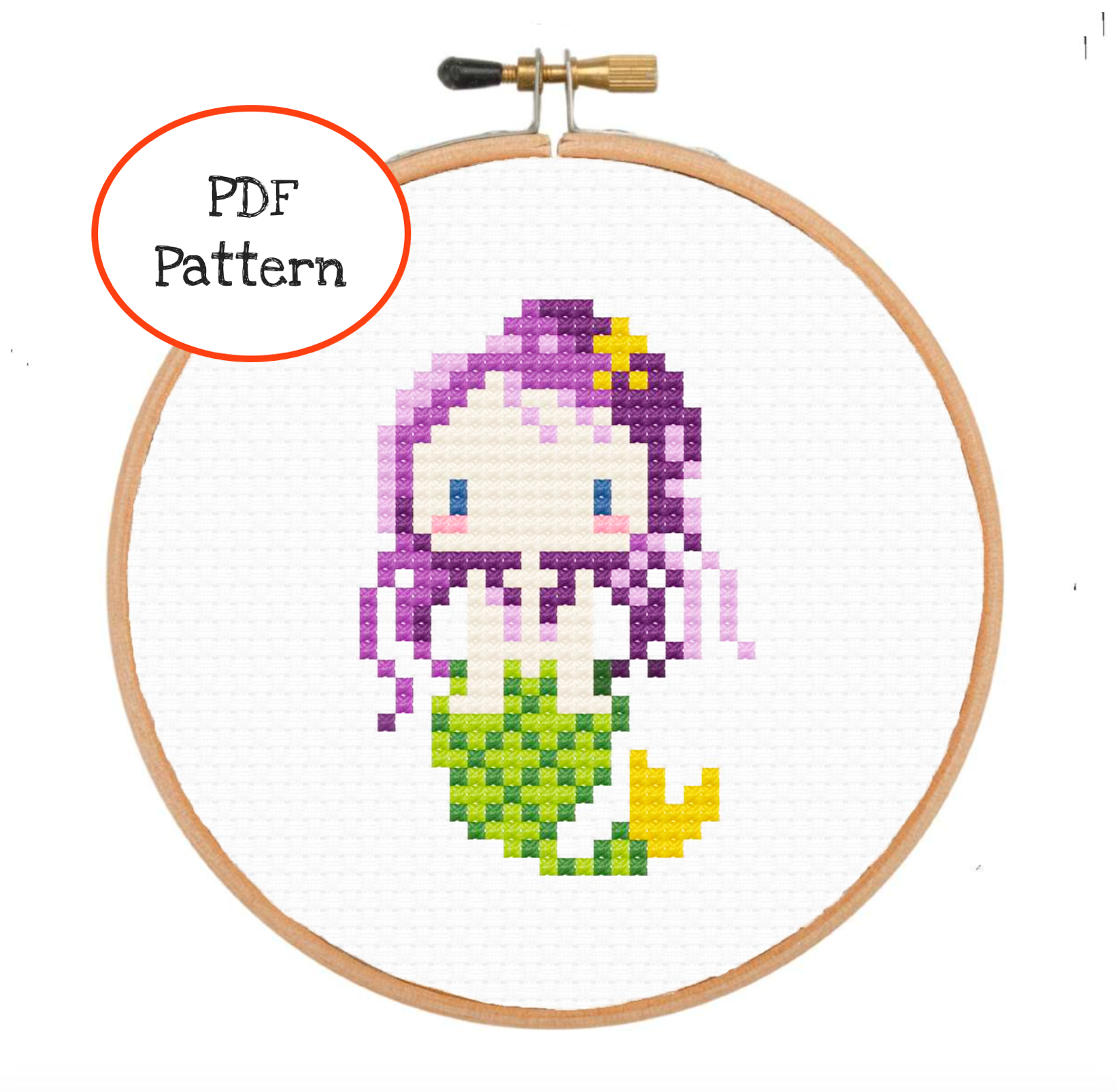 princess mermaid the little ariel ursulla purple green cross stitch pattern downloadable easy beginner mini embroidery handmade needlepoint