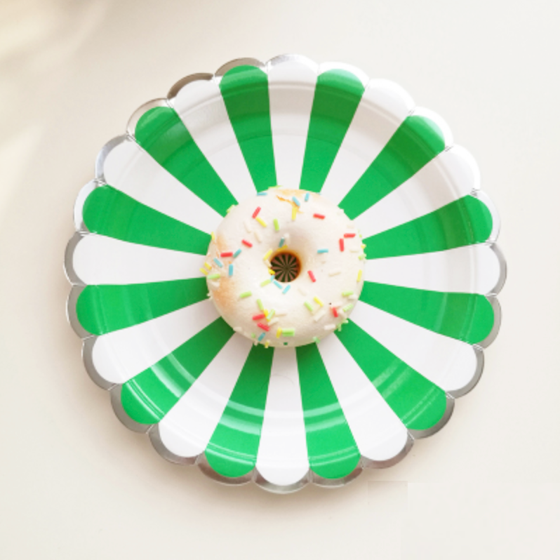 Striped Green Round Paper Plates - Set of 8
