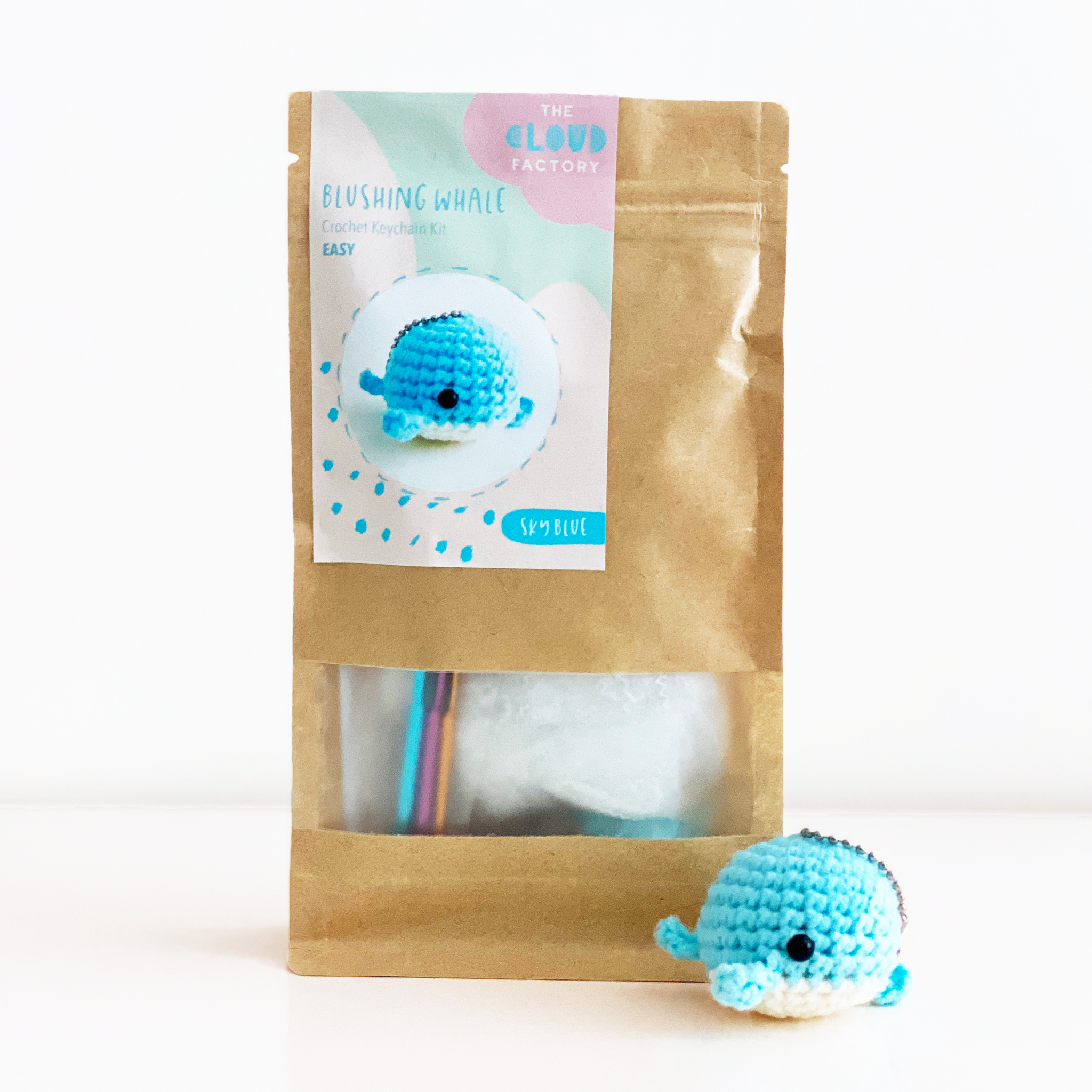 Crochet Keychain Kit Blushing Whale The Cloud Factory TheCloudFactory DIY Craft Kit Sky Blue Easy Crafting Beginner