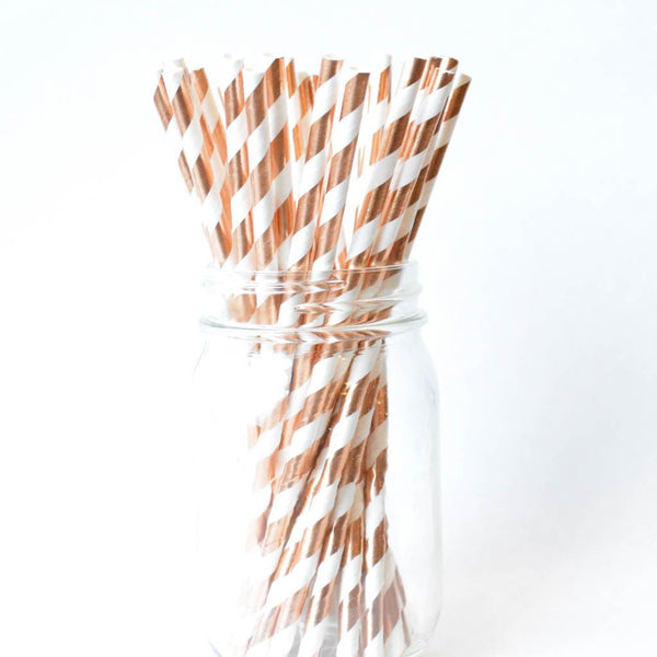 Rose Gold Striped Paper Straws - 25 Pieces
